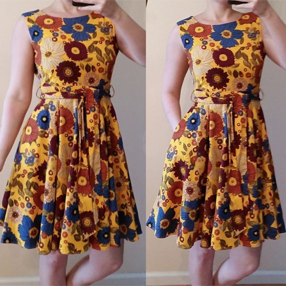 IXIA yellow floral flower retro pinup style pockets dress size 2-4 fit and flare